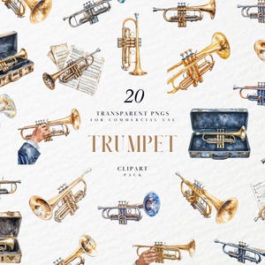 Imágenes prediseñadas de trompeta de acuarela, instrumentos de viento de metal, conjunto de jazz, interpretación musical clásica, concierto, gráfico PNG transparente, uso comercial