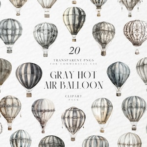 Clipart de balão de ar quente cinza aquarela, aeronave vintage boho, decoração de chá de bebê para menino, berçário com céu pastel, PNG transparente, uso comercial