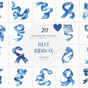 May include: A set of 20 blue watercolor ribbon clipart images. The ribbons are in various shapes and sizes, including bows, banners, and swirls. The images are transparent PNGs, perfect for digital design projects.