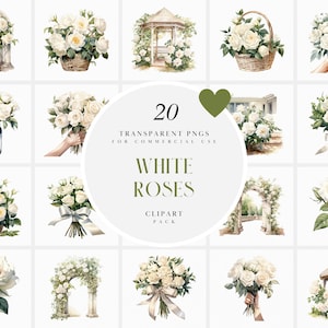 Watercolor White Rose Clipart, Bridal White Roses Clipart, Wedding White Rose Bouquet Clipart, Instant Download PNG for Commercial Use