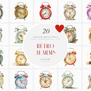 Aquarell Retro Wecker Clipart, Vintage Nachttisch Uhr, bunt, antiker Wecker, altmodisch, transparente PNG, kommerzielle Nutzung