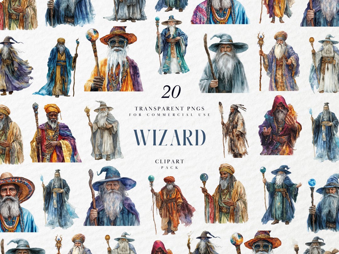 Wizard Graphics Watercolor Wizard Clipart, Mystical Mage With Staff and Long Beard ...