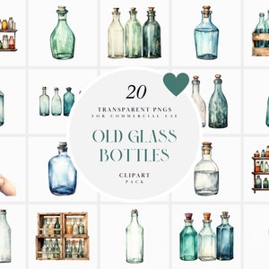 Aquarel oude glazen fles clipart, helder glazen flessen clipart, antieke glazen fles clipart, transparante PNG-graphics, commercieel gebruik