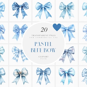 Clipart fiocco azzurro pastello acquerello, fiocchi azzurri, fiocco nastro azzurro morbido, creazione biglietti di invito, artigianato di carta, PNG trasparente, uso commerciale
