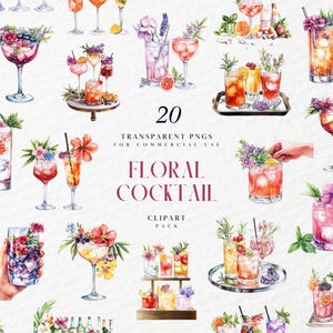 Clipart de cóctel floral de acuarela, ilustración de bebida alcohólica con flores, menú de bar de bodas, pub, gráficos PNG transparentes, uso comercial