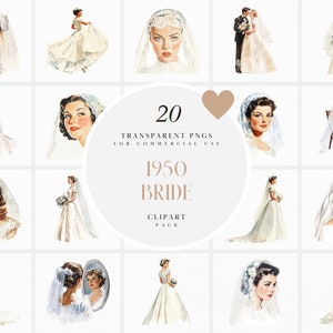 Watercolor 1950s Bride Clipart, Pin Up 50s Retro Vintage Bride, White Dress Big Wedding Day Bridal, Transparent PNG Graphics, Commercial Use