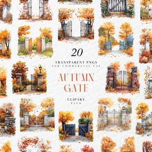 Op de afbeelding: Een verzameling van 20 aquarel clipart afbeeldingen met verschillende herfstpoorten. De poorten zijn afgebeeld in verschillende stijlen, omringd door herfstbladeren in tinten oranje, rood en geel. De tekst op de afbeelding luidt "AUTUMN GATE CLIPART PACK".