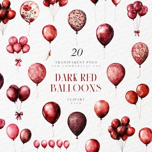 Watercolor Dark Red Balloon Clipart, Maroon Balloons, Birthday Celebration PARTY, Card Making, Transparent PNG Graphics, Commercial Use