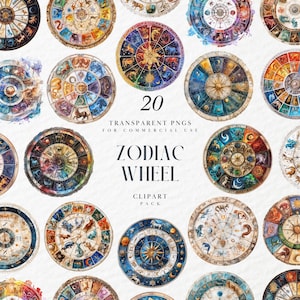Könnte beinhalten: Eine Sammlung von 20 Aquarell-Clipart-Bildern des Tierkreisrads. Jedes kreisförmige Design zeigt astrologische Symbole, himmlische Elemente und eine Vielzahl von Farben. Der Text "ZODIAC WHEEL CLIPART PACK" wird angezeigt.
