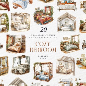 Watercolor Cozy Bedroom Clipart, Boho Cottagecore Interior, Warm Bedding, Pillow, Hygge Home Decor, Transparent PNG Graphics, Commercial Use