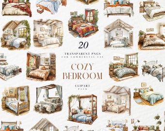 Dormitorio acogedor en acuarela, decoración estilo bohemio cottagecore, ropa de cama cálida, almohadas, decoración hygge, gráficos PNG transparentes, uso comercial