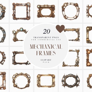 May include: Set of 20 steampunk-style frames in various shapes and sizes. The frames are made of metal and have a brown and gold color scheme. They are perfect for adding a vintage, industrial look to your designs.