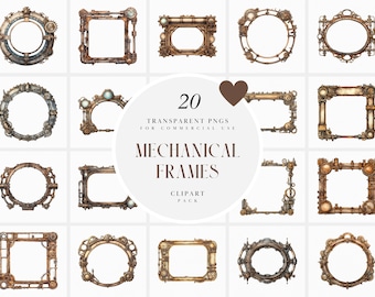 Watercolor Mechanical Frame Clipart, ,Mechanic Frames Clipart, Rusty Old Frames, Fantasy Elements Transparent PNG Graphics, Commercial Use