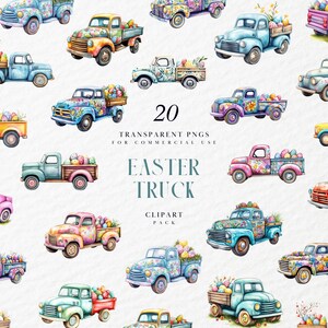 May include: Twenty watercolor illustrations of Easter trucks decorated with colorful eggs, flowers, and ribbons. The trucks are on a white background.  "20 Transparent PNGs for Commercial Use Easter Truck Clipart Pack"