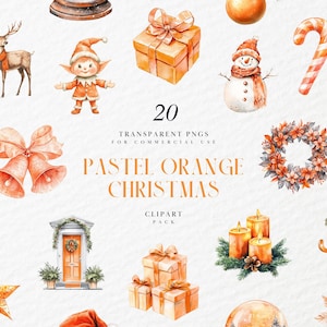 Aquarell Pastell Orange Weihnachtscliparts, Elemente, Elf Santa, Baum, Nussknacker, Schlitten, Kugel, Strumpf, transparente PNG, kommerzielle Nutzung