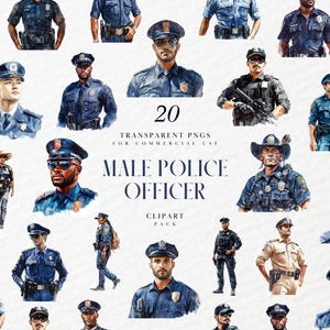 Aquarel politieagent clipart, mannelijke politie, agent, wetshandhaving, autoriteiten, 911 noodhulp, transparante png, commercieel gebruik