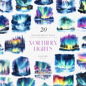 Watercolor Northern Lights Clipart, Aurora Borealis Night Sky, Winter Fantasy, Celestial Designs, Transparent PNG Graphics, Commercial Use