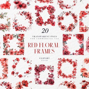 Puede incluir: Un conjunto de 20 marcos florales rojos, perfectos para agregar un toque de elegancia a tus diseños. Estos marcos están hechos de ilustraciones de acuarela y son perfectos para agregar un toque de fantasía a tus proyectos.