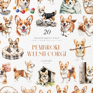Watercolor Pembroke Welsh Corgi Clipart, Quirky Herding Dog Illustration, Cute Pet Art, Card Making, Transparent PNG Graphic, Commercial Use