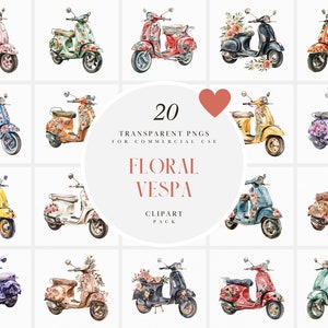 Watercolor Floral Vespas Clipart, Colorful Vespa, Italian Electric Scooter, Motorcycle European Piaggio, Transparent PNG, Commercial Use