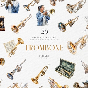 Watercolor Trombone Clipart, Brass Instrument Illustration, Orchestra & Marching Band Art, Jazz Music Decor, Transparent PNG, Commercial Use