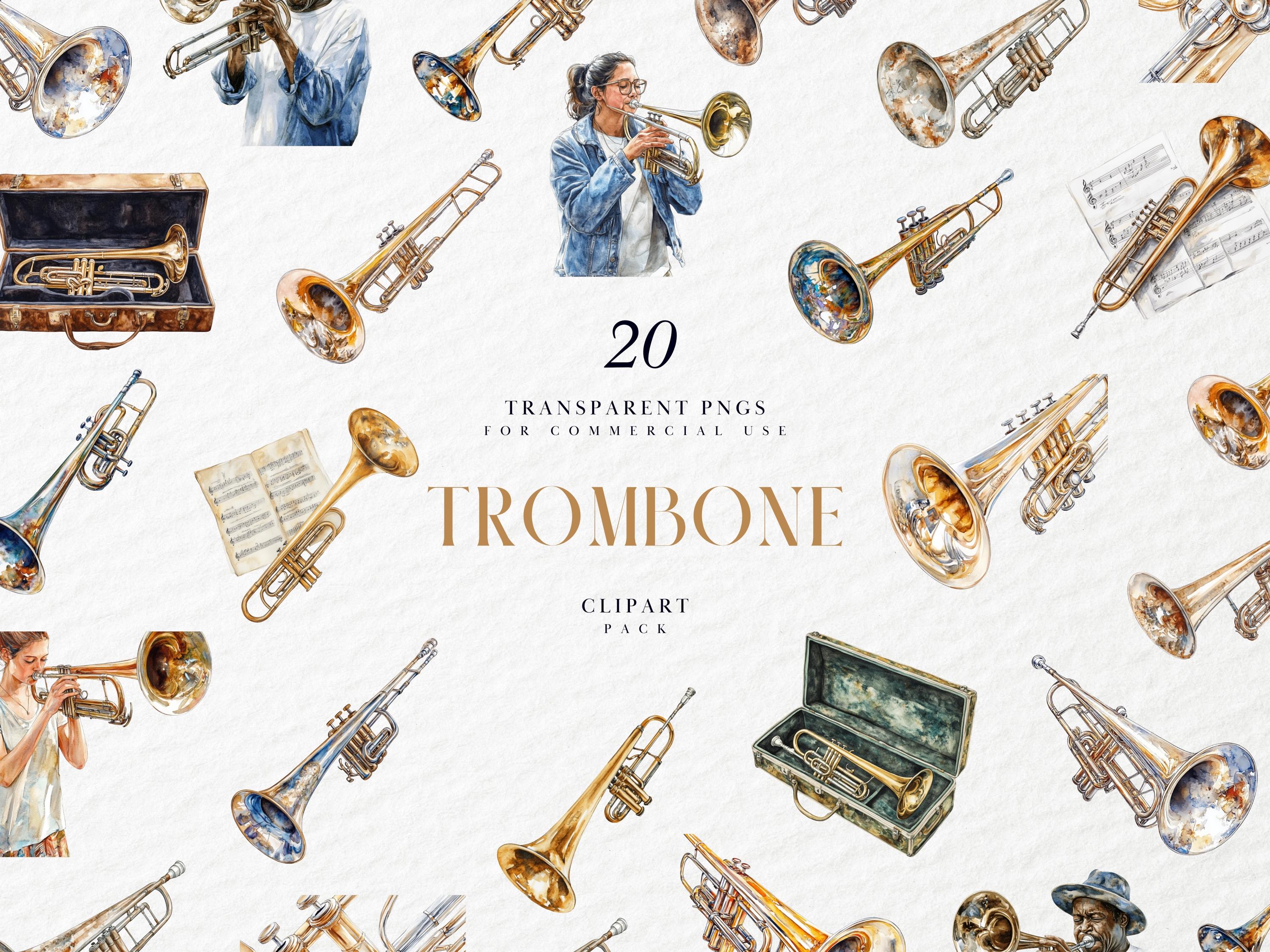 Watercolor Trombone Clipart, Brass Instrument Illustration, Orchestra & Marching Band Art, Jazz Music Decor, Transparent PNG, Commercial Use