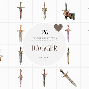 May include: A set of 20 watercolor illustrations of daggers with intricate details. The daggers are in various colors, including gold, silver, red, blue, and green. The illustrations are perfect for digital scrapbooking, card making, and other creative projects.