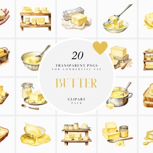 May include: A set of 20 watercolour illustrations of butter in various forms, including sticks, pats, tubs, and melted butter. The illustrations are perfect for use in digital scrapbooking, card making, and other creative projects.