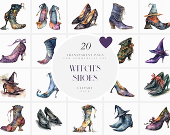 Watercolor Witchs Shoe Clipart, Witch Boot, Halloween Costume, Quirky, Whimsical, Spooky Decor, Transparent PNG Graphics, Commercial Use
