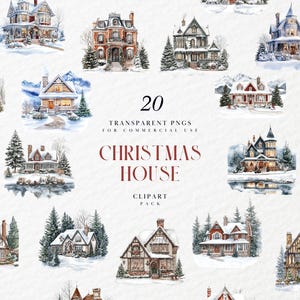 Clipart di casa di Natale ad acquerello, casa decorata in modo accogliente, Natale, stagione delle feste, neve, grafica PNG trasparente, uso commerciale