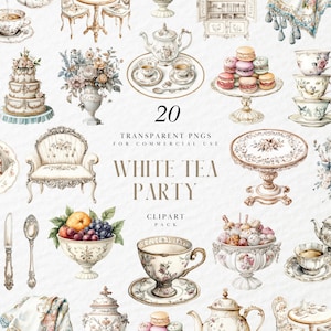 May include: A collection of watercolour illustrations depicting a white tea party. The image includes teacups, teapots, cakes, and macarons. The text reads "White Tea Party Clipart Pack" and "20 Transparent PNGs for Commercial Use."