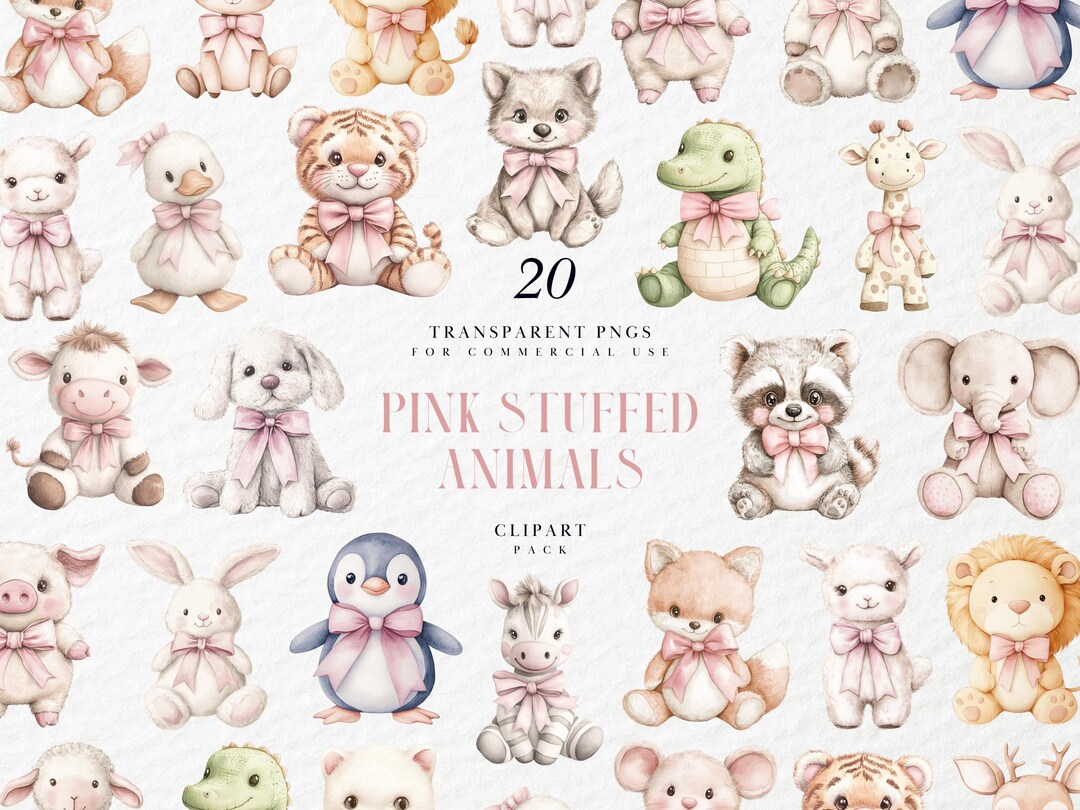 Watercolor Pink Stuffed Animals Clipart, Jungle Nursery Plush Toys ...