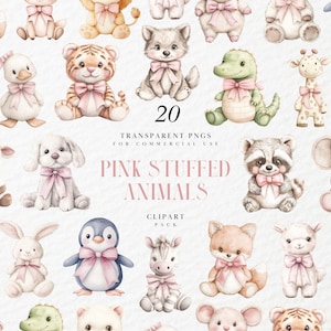 Clipart de animais de pelúcia rosa em aquarela, brinquedos de pelúcia para berçário na selva, decoração de chá de bebê estilo safari boho, gráficos PNG transparentes, uso comercial