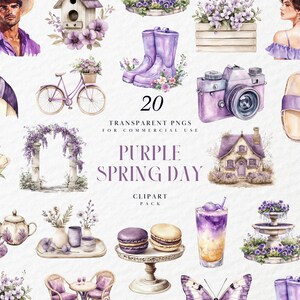 Clipart de un acogedor día de primavera en acuarela, saludos de primavera neutros con temática violeta, floral, calcomanía digital, gráfico PNG transparente, uso comercial