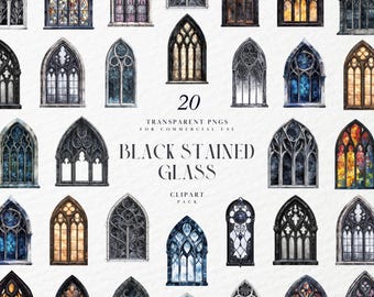 Aquarell schwarze Glasmalerei Clipart, gotische Fensterkunst, Kathedralen-Element, Dark Academia-Dekor, transparente PNG-Grafik, kommerzielle Nutzung