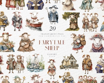 May include: A collection of 20 watercolor illustrations of fairytale sheep in various costumes and poses. Some sheep are dressed as royalty, others play instruments, and some are in boats. The text "FAIRYTALE SHEEP" is displayed.