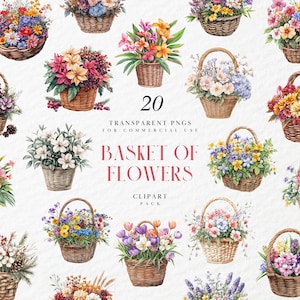Aquarell Blumenkorb Clipart, Floral sortierter Blumenkorb, Bunt, Niedlicher Garten, Frühling, Sommer, Transparente PNG, kommerzielle Nutzung
