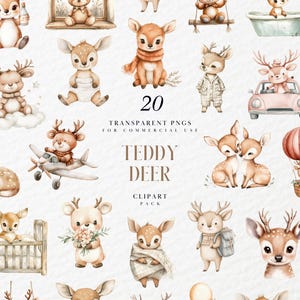 May include: A set of 20 transparent PNG images showcasing charming watercolour teddy deer illustrations. The images depict deer in diverse poses, some with accessories such as scarves, blankets, and a hot air balloon. The text on the image reads "TEDDY DEER CLIPART PACK".