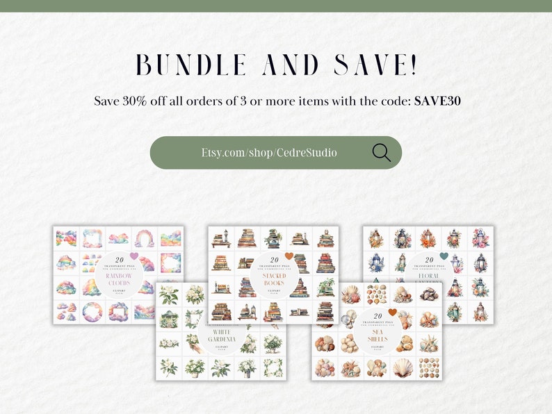 Pode incluir: Um download digital de 20 imagens clipart de aquarela com pilhas de livros, conchas, gard&ecirc;nias e nuvens. As imagens s&atilde;o perfeitas para scrapbooking, cria&ccedil;&atilde;o de cart&otilde;es e outros projetos de artesanato. Economize 30% em todos os pedidos de 3 ou mais itens com o c&oacute;digo SAVE30.
