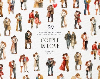 Puede incluir: Paquete de imágenes prediseñadas de acuarela con 20 PNG transparentes de parejas en varias poses románticas. Las ilustraciones representan parejas abrazándose, tomadas de la mano y caminando juntas. También se incluye el texto "COUPLE IN LOVE".