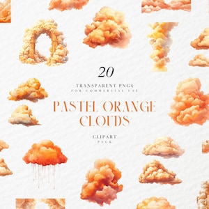Clipart de nuvens laranja pastel aquarela, nuvens fofas laranja, decoração de berçário, chá de bebê, primeiro aniversário, PNG transparente, uso comercial
