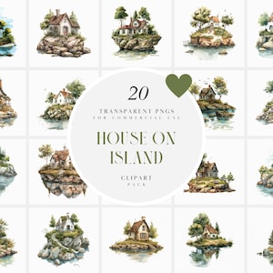 Aquarel huis op eiland clipart, Cottage Island, strandhuis, fantasie, sprookje, Cape Cod, transparante png-afbeeldingen, commercieel gebruik