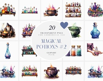 Imágenes prediseñadas de pociones mágicas de acuarela, imágenes prediseñadas de poción mágica de fantasía, gráfico de imágenes prediseñadas de boticario de bruja, archivos PNG transparentes para uso comercial