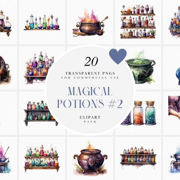 Watercolor Magical Potions Clipart, Fantasy Magic Potion Clipart, Witch Apothecary Clipart Graphic, Transparent PNG files for Commercial Use