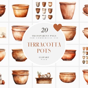 Clipart di vaso di terracotta ad acquerello, clipart di vaso di terracotta, ceramica lanciata a mano, ceramica di argilla, giardinaggio, PNG trasparente, uso commerciale
