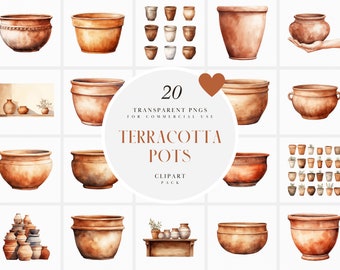 May include: A set of 20 watercolor terracotta pot clipart images. The pots are in various shapes and sizes, some with handles. The image includes the text "20 Transparent PNGs for Commercial Use Terracotta Pots Clipart Pack".