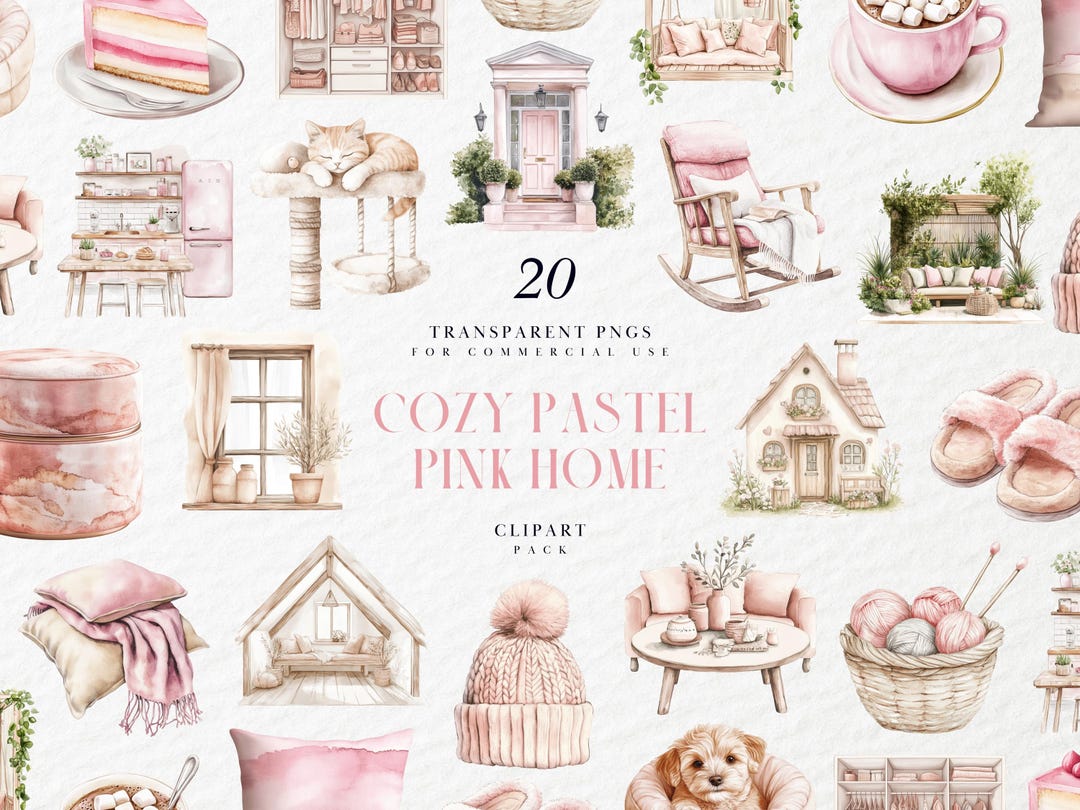 Watercolor Cozy Pastel Pink Home Clipart, Feminine Cottage Room, Soft ...