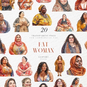 Watercolor Plus Size Woman Clipart, Body Positive Fashion Illustration, Urban Chic Outfit Elements, Transparent PNG Graphics, Commercial Use