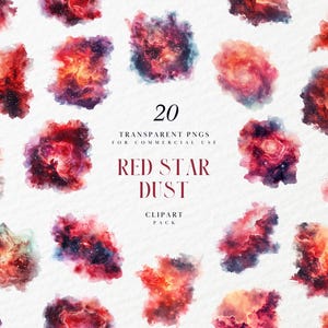 May include: 20 watercolor clipart images of red, orange, and purple nebulae with stars. The images are labeled "Red Star Dust" and "Clipart Pack".