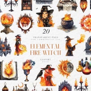 Puede incluir: Un conjunto de 20 PNG transparentes con ilustraciones en acuarela de brujas de fuego, calderos, llamas y elementos místicos. El texto "ELEMENTAL FIRE WITCH" se muestra, adecuado para uso comercial.
